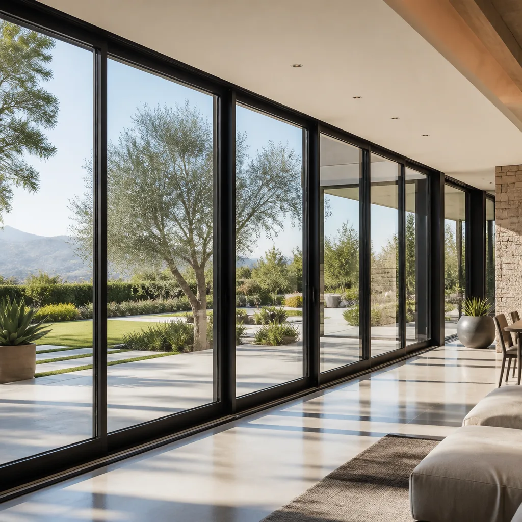 Modern floor-to-ceiling sliding glass patio doors installed in a luxury home